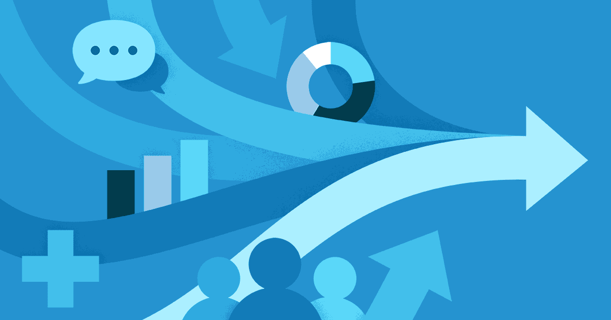 Several arrows moving from left to right with floating icons of a text bubble, plus sign, bar chart, pie chart, and a group of 3 heads