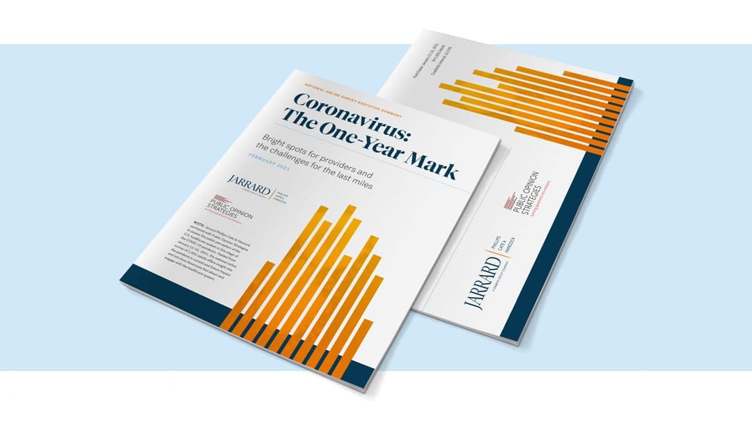 Two Executive Summary Magazines, one laying on the other, with text that reads "Coronavirus: The One-Year Mark" and an orange bar graph