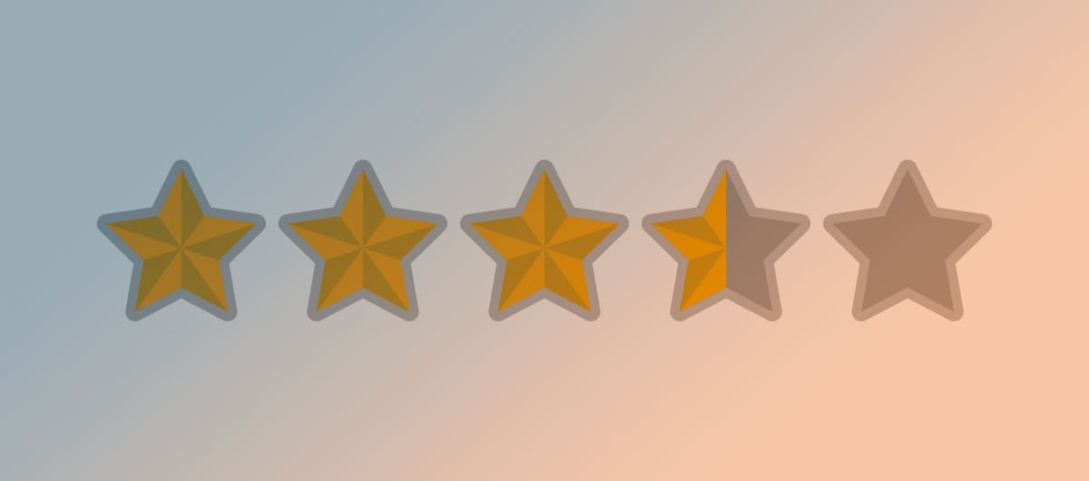 Five stars in a row with 3 and a half filled with a gold shading