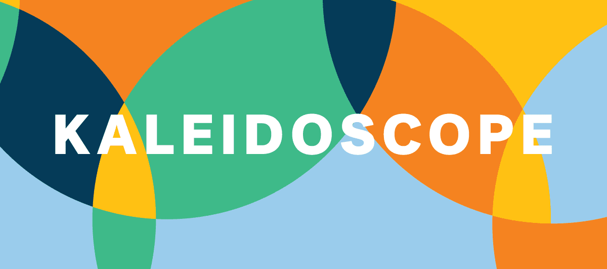White text that reads "kaleidoscope" on a kaleidoscope-patterned background