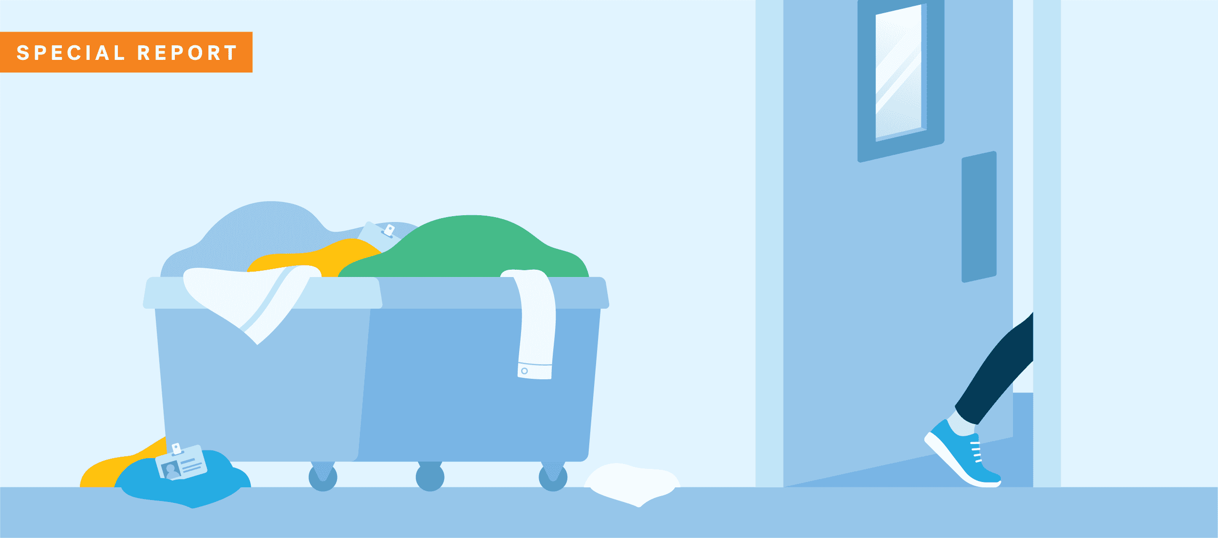 Cartoon image of an overflowing laundry bin full of hospital uniforms and nametags in a room where someone is departing through an open door