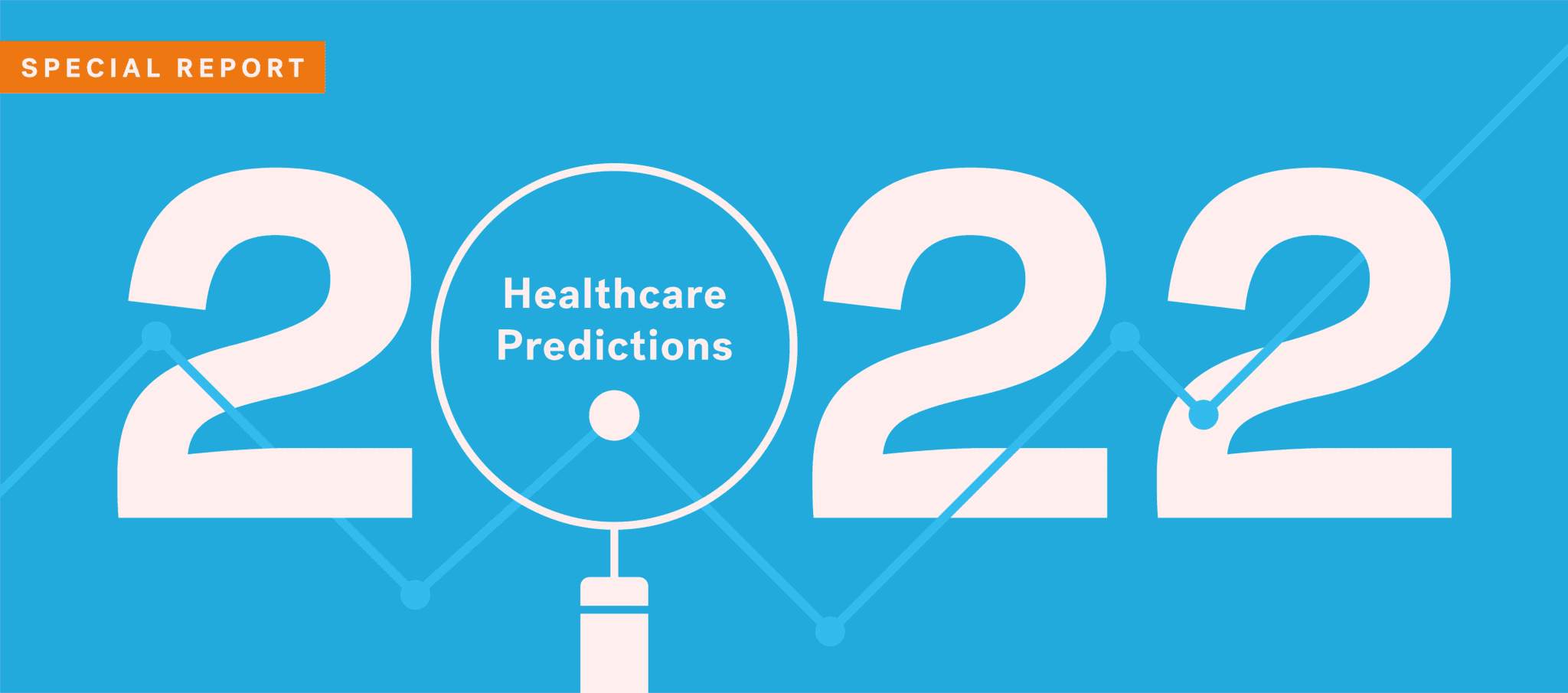 The numbers "2022" in front of a blue background, with the "0" being a magnifying glass with the words "healthcare predictions" in the circle