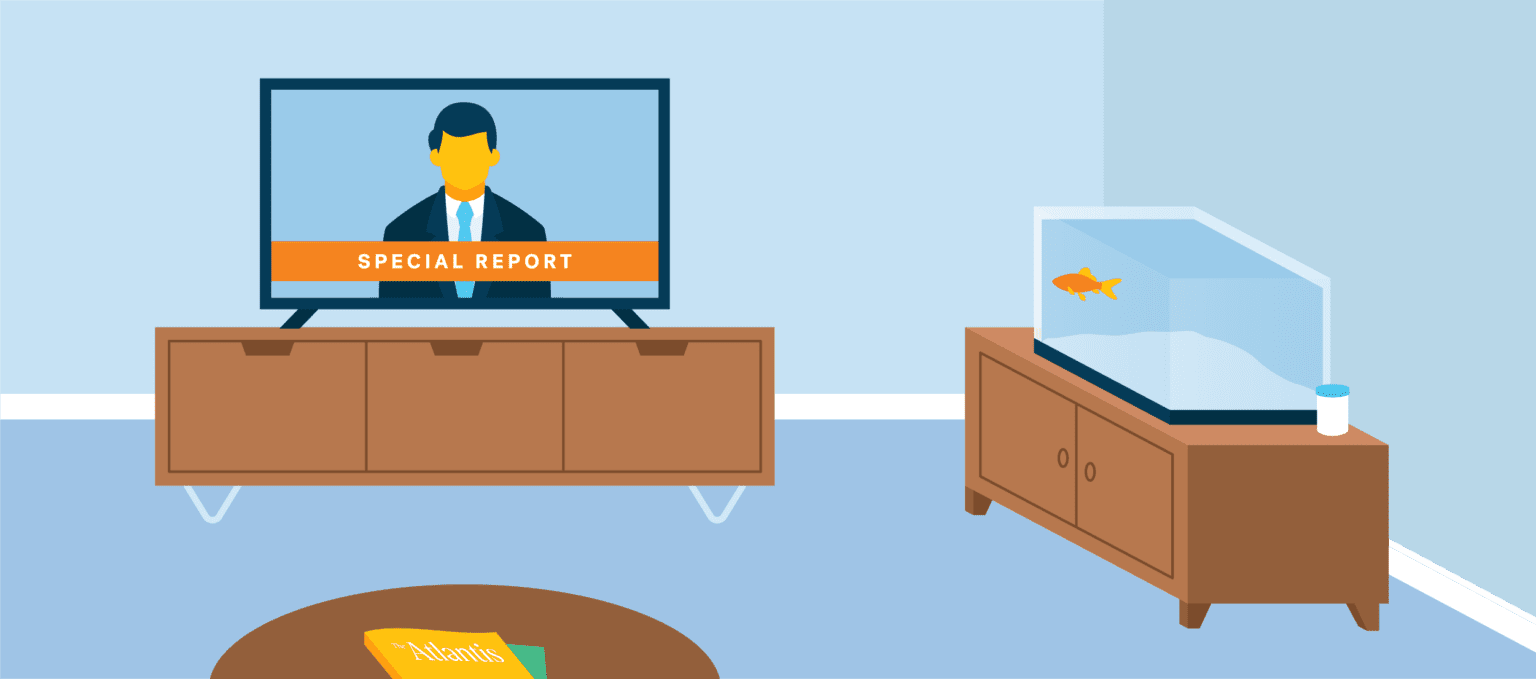 A cartoon image of a living room with a news anchor on the TV screen with banner that reads "special report" and a fish in a fish tank on the side dresser