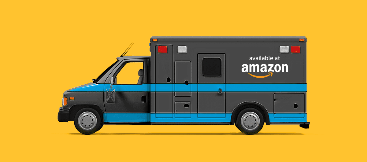 A black and blue ambulance car with text "available at Amazon" on the side