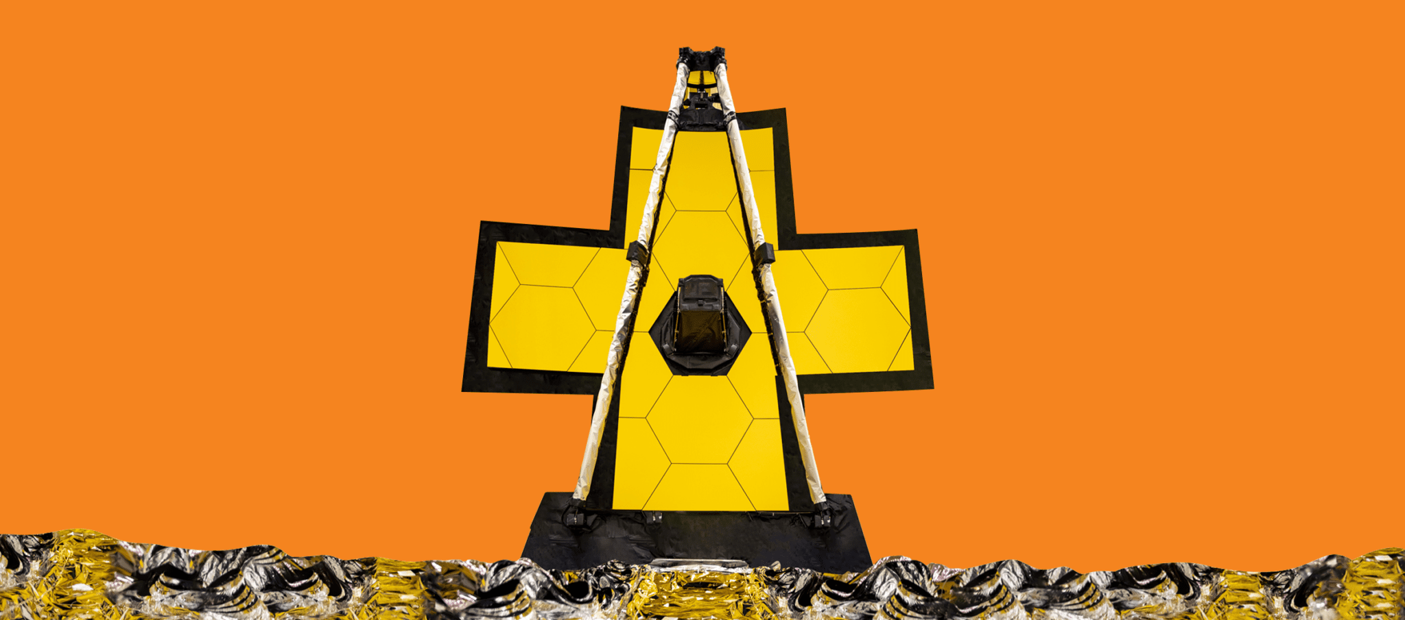 The James Webb Space Telescope in the shape of a yellow plus sign, over an orange background