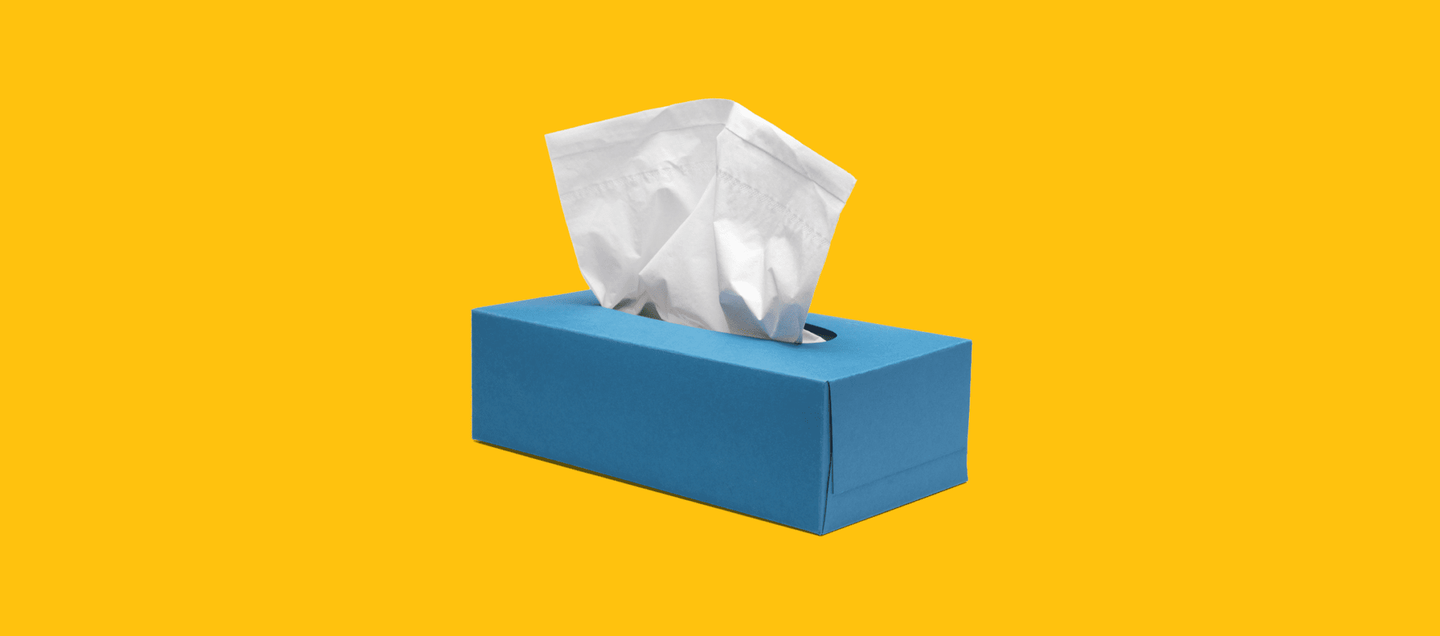 A blue tissue box with one tissue poking out, on top of a yellow background