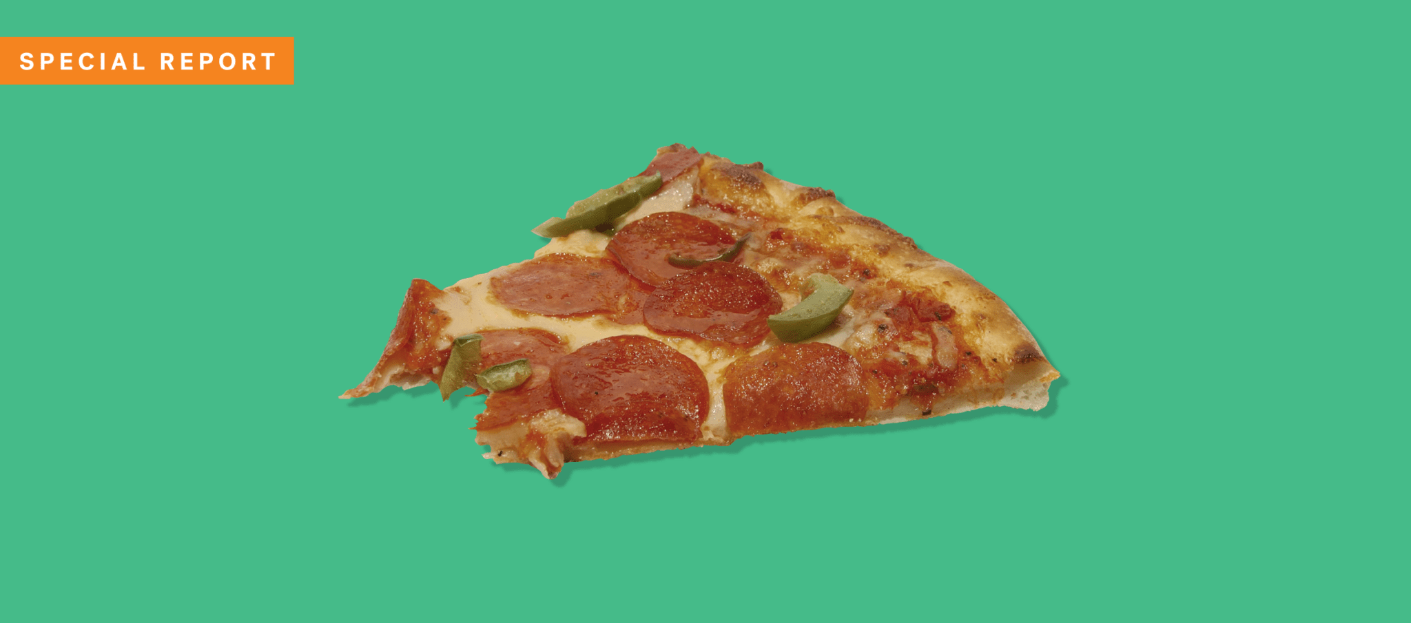 Half-eaten pepperoni pizza on a green background