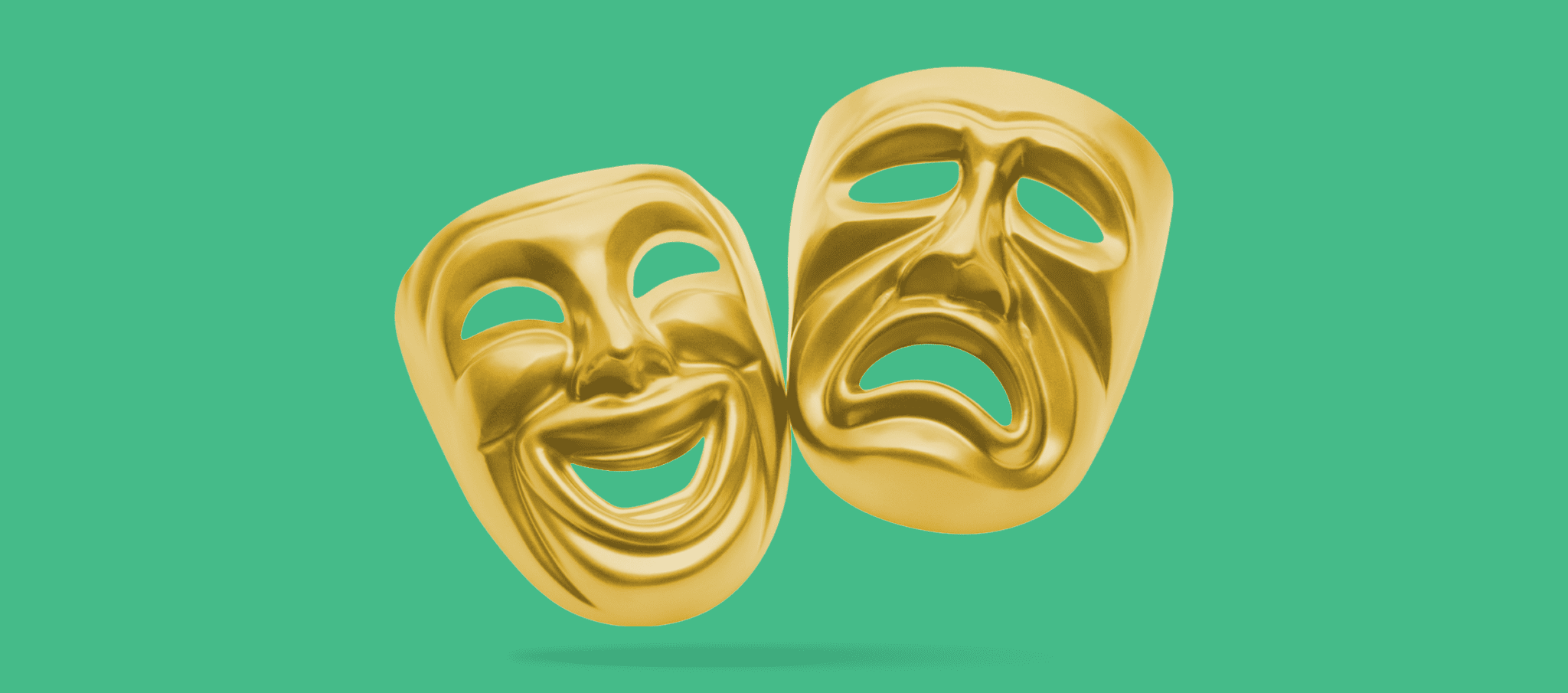 Gold tragedy and comedy masks floating on a green background