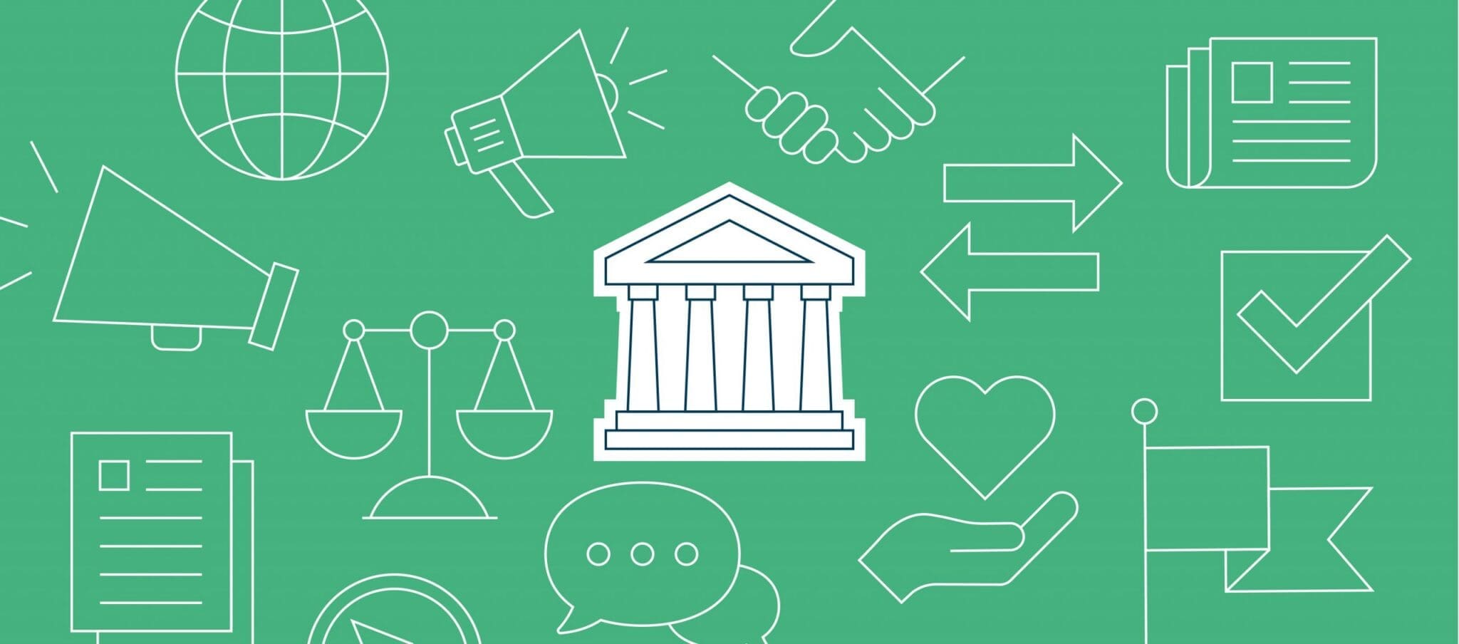 Green blog banner with policy and advocacy-related icons, with a federal building emphasized in the middle